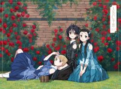  22/7 3girls ahoge album_cover aqua_dress aqua_hair aqua_ribbon black_dress black_hair black_ribbon blonde_hair blue_dress blue_eyes blue_ribbon brick_wall brown_eyes closed_mouth collared_dress cover dress earrings flower frilled_dress frills full_body gradient_hair green_eyes group_name hair_ornament hands_on_own_knees horiguchi_yukiko jewelry knee_up lap_pillow long_hair looking_at_viewer lying medium_dress multicolored_hair multiple_girls nishiura_sora official_alternate_costume official_art on_back on_grass parted_lips red_flower red_rose ribbon rose saito_nicole short_hair sitting smile socks song_name takigawa_miu two_side_up wavy_hair white_socks 