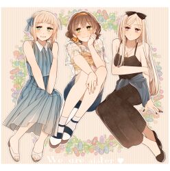  3girls axis_powers_hetalia bare_shoulders belarus_(hetalia) belgium_(hetalia) black_bow black_dress black_nails blonde_hair blue_bow blue_dress blue_skirt blush border bow breasts brown_hair brown_sandals brown_shoes clenched_hand closed_mouth clothes_around_waist collarbone collared_dress commentary_request dress english_text fingernails floral_background floral_print full_body green_eyes hair_between_eyes hair_bow hairband hand_on_own_face hand_up heart holding_own_arm jewelry liechtenstein_(hetalia) long_dress long_hair looking_at_another medium_breasts miniskirt multiple_girls nail_polish necklace ninonuko open_mouth orange_background orange_bow orange_hairband orange_tank_top purple_pupils sandals see-through_clothes see-through_shirt shirt shoes short_hair sidelocks sitting skirt sleeveless sleeveless_dress smile socks striped_background striped_clothes striped_dress tank_top toenails triangle_necklace violet_eyes white_border white_hair white_shoes white_socks yellow_pupils 