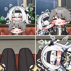  1boy 1girl :3 black_hairband black_pants black_ribbon blue_pupils blush blush_stickers caelus_(honkai:_star_rail) closed_eyes firefly_(honkai:_star_rail) grey_hair hair_between_eyes hair_intakes hair_ornament hair_tubes hairband highres honkai:_star_rail honkai_(series) ldd.ek long_hair multicolored_eyes on_lap one_eye_closed pants ribbon short_hair trailblazer_(honkai:_star_rail) 