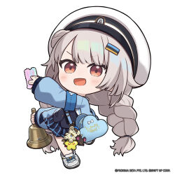  1girl armband bag bag_charm bell blue_armband braid charm_(object) chibi commentary english_commentary goddess_of_victory:_nikke grey_hair hair_bun hair_ornament hat highres holding holding_bell long_hair long_sleeves looking_at_viewer low_twin_braids no_nose official_art open_mouth pleated_skirt puffy_long_sleeves puffy_sleeves shoes single_hair_bun skirt sleeves_past_wrists smile sneakers soline_(frost_ticket)_(nikke) soline_(nikke) solo standing standing_on_one_leg star_(symbol) totatokeke twin_braids v-shaped_eyebrows very_long_hair white_hat white_shoes 