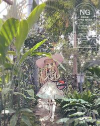  1girl bag blonde_hair braid collared_dress commentary_request dress duffel_bag full_body green_eyes hat highres horimhkw11 lillie_(pokemon) long_hair looking_at_viewer outdoors photo_background poke_ball_print pokemon pokemon_sm real_world_location shoes sleeveless sleeveless_dress socks solo standing sun_hat sundress twin_braids white_dress white_hat white_shoes white_socks 