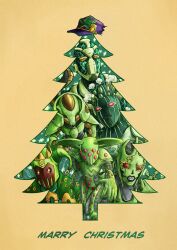  6+others absurdres ball_breaker_(stand) baseball_cap c-moon_(stand) christmas christmas_tree colored_skin commentary_request compound_eyes diamond_wa_kudakenai echoes_(stand) echoes_act2 english_text extra_eyes green_day_(stand) green_skin hat hierophant_green highres jojo_no_kimyou_na_bouken jojolion kaib0y merry_christmas multiple_others no_humans pink_eyes purple_hat red_eyes simple_background stand_(jojo) star_(symbol) star_print stardust_crusaders steel_ball_run stone_ocean vento_aureo vitamin_c_(stand) 