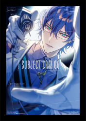  1boy aqua_eyes aqua_vest black_border blue_eyes blue_hair blue_necktie blue_shirt blurry blurry_foreground border collared_shirt commentary_request cover cover_page dental_drill dentist doctor doujin_cover english_text eyelashes formal_clothes glasses glint gloves hair_between_eyes highres holding jacket jewelry leos_vincent long_sleeves looking_at_viewer male_focus manomenou necktie nijisanji outside_border parted_lips shirt short_hair solo title upper_body vest virtual_youtuber white_gloves white_jacket 