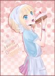  bad_id blonde_hair blue_eyes cake eating food head_scarf highres mo2ica open_mouth original solo 
