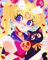  1girl animal bishoujo_senshi_sailor_moon black_cat blonde_hair blue_eyes blue_sailor_collar bow bowtie cat choker circlet collarbone commentary crescent crescent_earrings earrings elbow_gloves emmyluvscookies eyelashes falling_petals gloves heart heart_choker highres holding holding_animal jewelry long_hair looking_at_viewer luna_(sailor_moon) magical_girl petals red_bow red_bowtie sailor_collar sailor_moon smile tsukino_usagi twintails v white_gloves 