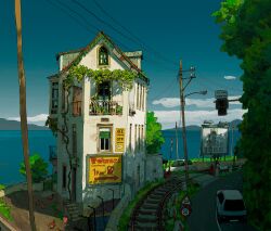  alariko balcony barbed_wire bird blue_sky building car chicken dumpster fence highres lamppost motor_vehicle no_humans original plant power_lines railroad_crossing railroad_tracks scenery sign sky spanish_text traffic_light vines water window 