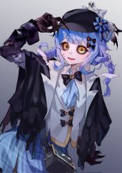  +_+ 1girl black_bag black_bow black_capelet black_hands black_hat black_sclera blue_hair blue_necktie blue_skirt bow braid capelet claws colored_extremities colored_sclera commentary corruption dark_persona deerstalker gradient_background grey_background grey_vest hair_bow hand_up hat highres long_hair long_sleeves looking_at_viewer mahou_shoujo_no_majo_saiban mismatched_pupils necktie open_mouth shan_(shan_29387473) skirt smile solo spoilers symbol-only_commentary tachibana_sherry torn_capelet torn_clothes torn_necktie twin_braids vest witch_(manosaba) yellow_eyes 