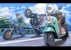  3girls aviator_goggles black_gloves blue_hair boots brown_boots brown_gloves brown_hair character_request clouds cloudy_sky coat commentary_request copyright_request driving exhaust_pipe fur-trimmed_jacket fur_trim gloves goggles goggles_on_head green_jacket helmet jacket kagamihara_nadeshiko motion_blur motor_vehicle motorcycle motorcycle_helmet multicolored_jacket multiple_girls purple_hair red_jacket road sashizume_soutarou scarf scooter shima_rin sky sleeping_bag violet_eyes wheelie winter_clothes winter_coat yellow_scarf yurucamp 