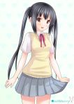  black_hair blush brown_eyes k-on! kisaragi_miyu long_hair looking_at_viewer nakano_azusa neck_ribbon open_mouth payot pleated_skirt ribbon simple_background skirt skirt_grab smile solo sweater_vest twintails very_long_hair 