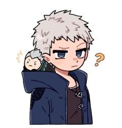  2boys ? black_shirt blue_jacket closed_mouth crew_neck cropped_torso devil_may_cry_(series) devil_may_cry_5 frown grey_hair hair_slicked_back hood hood_basket hooded_jacket iluvmyhamster69 jacket jewelry male_focus multiple_boys necklace nero_(devil_may_cry) shirt short_hair simple_background vergil_(devil_may_cry) white_background 