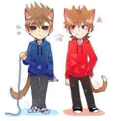  2boys alcohol animal_ears animification bandage_on_face bandages black_pants black_shoes blue_hoodie blush bottle brown_hair cat_boy cat_ears cat_tail chain chain_leash checkered_shoes collar commentary eddsworld english_commentary extra_ears fang full_body hair_ears hand_on_own_hip holding holding_bottle hollow_eyes hood hood_down hoodie jitome kemonomimi_mode leash male_focus molechan multiple_boys pants red_eyes red_hoodie shoes short_hair signature simple_background smile smug sneakers spiky_hair standing tail tom_(eddsworld) tord_(eddsworld) white_background 