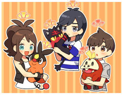  1girl 2boys :< :d :o antenna_hair aqua_eyes black_hair black_jacket blush border brown_hair closed_mouth commentary_request cropped_torso dot_nose elio_(pokemon) eyelashes fangs florian_(pokemon) fuecoco grey_shirt highres hilda_(pokemon) holding holding_pokemon jacket litten long_hair medium_hair multiple_boys no_headwear nostrils open_clothes open_jacket open_mouth orange_background outline pokemon pokemon_(creature) pokemon_bw pokemon_sm pokemon_sv ponytail rii_(pixiv11152329) shirt short_hair short_sleeves sidelocks sleeveless sleeveless_jacket sleeveless_shirt smile striped_clothes striped_shirt tepig vertical-striped_background white_border white_outline white_shirt 