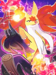  1other absurdres animal_ear_fluff animal_ears black_fur broom broom_riding commentary_request delphox fangs fire floating fox fox_ears furry highres looking_at_viewer mega_delphox mega_pokemon multicolored_fur open_mouth parted_lips pokemon pokemon_(creature) pokemon_focus pokemon_legends:_z-a red_eyes red_fur red_nose runachikku smile snout solo sparkle white_fur yellow_fur 