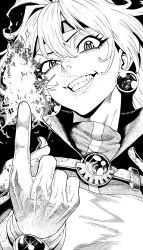  1girl cape commentary earrings english_commentary fire gloves greyscale hatching_(texture) headband highres jewelry lina_inverse lips monochrome slayers slit_pupils smile solo sphere_earrings teeth websake 