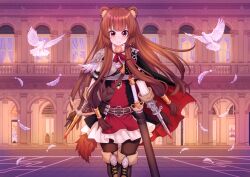  1girl adapted_costume animal_ear_fluff animal_ears armor armored_boots assassin assassin's_creed_(series) belt bird black_cape black_dress black_pantyhose blunt_bangs boots breastplate breasts brown_boots brown_gloves brown_hair cape closed_mouth collared_dress colored_inner_jacket concealed_weapon cowboy_shot dove dress elbow_gloves falling_feathers feathers floating_cape floating_hair frown gloves hidden_blade_(assassin's_creed) high_collar indoors kitsuneco long_hair long_sleeves looking_at_viewer medium_breasts missing_commentary multiple_belts neck_ribbon pantyhose pauldrons pinstripe_dress pinstripe_pattern pouch raccoon_ears raccoon_girl raccoon_tail raphtalia red_cape red_dress red_eyes red_ribbon ribbon scabbard sheath sheathed short_dress shoulder_armor single_pauldron sleeveless sleeveless_dress solo standing straight-on straight_hair sword tail tate_no_yuusha_no_nariagari tearing_up thigh_boots thigh_gap v-shaped_eyebrows weapon white_dress 