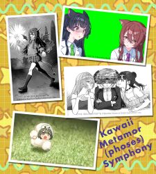  5girls afterimage animal_costume animal_ears black_hair blunt_bangs brown_hair cat_ears cat_girl collage commentary_request demon_girl demon_horns demon_tail demon_wings ehho_ehho_(meme) elbows_on_table girl_sandwich green_background grey_hair greyscale hair_bun highres horns idolmaster idolmaster_shiny_colors idolmaster_shiny_colors_song_for_prism jacket kneehighs kutori_pan'ya long_hair looking_at_another mayuzumi_fuyuko meme miniskirt monochrome multiple_girls nanakusa_nichika necktie official_art osaki_tenka parody photo_(object) plaid_clothes plaid_skirt pleated_skirt sandwiched shaking_head skirt socks sonoda_chiyoko spinning_head suzuki_hana sweater tail the_weaker_sex_1_(gibson) white_jacket wings 