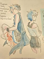  1girl ayellowapple black_shorts black_skirt blue_eyes blue_jacket boots brown_boots closed_mouth commentary cropped_legs crossed_arms dot_mouth english_commentary flower from_behind full_body hair_flower hair_ornament hands_on_own_leg hatching_(texture) high-waist_shorts highres jacket kyokugen_dasshutsu kyokugen_dasshutsu_adv:_zennin_shibou_desu latin_text long_sleeves looking_back multiple_views no_sclera open_clothes open_jacket phi_(kyokugen_dasshutsu) shirt short_hair shorts simple_background sketch skirt sleeveless sleeveless_shirt traditional_media very_short_hair watch watch white_background white_hair white_shirt zero_escape:_toki_no_dilemma 