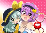  bad_id bare_shoulders bust eromame eyeball green_eyes green_hair hairband hat heart highres komeiji_koishi komeiji_satori multiple_girls off_shoulder pink_eyes purple_hair saya26 short_hair siblings sisters tears third_eye tongue touhou 