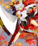  absurdres animal_ears background bridal_gauntlets detached_sleeves dual_wielding hat highres inubashiri_momiji leaf numeryu open_mouth scarf short_hair silver_hair skirt solo sword tail tokin_hat touhou weapon wolf_ears wolf_tail yellow_eyes 