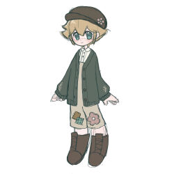  1boy alt_text basil_(birthday)_(omori) basil_(faraway)_(omori) basil_(omori) blonde_hair blue_eyes boots brown_boots brown_hat brown_overalls cardigan closed_mouth collared_shirt commentary double-parted_bangs english_commentary full_body green_cardigan hair_between_eyes hat highres kaiami lace-up_boots long_sleeves looking_at_viewer male_focus newsboy_cap official_alternate_costume omori overall_shorts overalls shirt short_hair sidelocks simple_background sketch solo white_background white_shirt 
