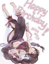  1boy arabian_clothes armlet bare_shoulders barefoot black_hair braid braided_ponytail breasts bridal_gauntlets brown_hair chicky7833 circlet clothing_cutout crop_top crossdressing crossdressing_(mtf) dancer dated feet flower full_body hair_flower hair_ornament happy_birthday harem_outfit harem_pants hashtag-only_commentary highres hip_vent jewelry long_braid long_hair looking_at_viewer lying medium_breasts midriff on_back open_mouth pants re:zero_kara_hajimeru_isekai_seikatsu red_eyes simple_background solo toes upside-down very_long_hair vincent_vollachia white_background 