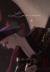  1boy bell blurry blurry_background character_name closed_mouth commentary_request expressionless french_text grey_hair highres looking_ahead male_focus rollo_flamme roro_(haru_roro2) short_hair solo striped_hat translation_request twisted_wonderland 