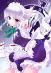  absurdres blue_eyes braid cup highres izayoi_sakuya knife maid maid_headdress pocket_watch roman_numerals sakuragi_akira short_hair silver_hair solo tea teacup throwing_knife touhou twin_braids watch weapon 