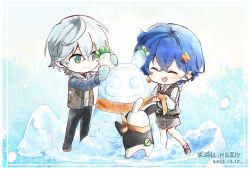  00000hds 1boy 1girl ahoge alternate_costume bandana bandana_around_neck bangboo_(zenless_zone_zero) belle_(zenless_zone_zero) black_pants black_shoes blue_gloves blue_hair brother_and_sister brown_jacket building_snowman chibi chibi_only closed_eyes closed_mouth commentary_request crossed_bangs dated earclip earrings eous_(zenless_zone_zero) gloves green_eyes grey_hair hair_between_eyes hair_ornament highres jacket jewelry letter_hair_ornament mismatched_earrings necktie open_clothes open_mouth orange_bandana outdoors pants shirt shoes short_hair siblings sleeveless sleeveless_jacket smile snow white_shirt white_shoes wise_(zenless_zone_zero) zenless_zone_zero 