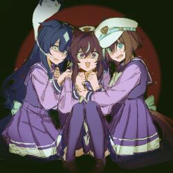  :3 animal_ears beret blue_eyes blue_ribbon blush breasts brown_hair cheval_grand_(umamusume) cnsmsoup commentary_request ear_covers ears_through_headwear hair_between_eyes hair_ornament hat hat_belt highres horse_ears horse_girl horse_tail long_hair looking_at_viewer mole mole_under_eye multicolored_hair multiple_girls open_mouth purple_serafuku ribbon school_uniform serafuku siblings single_ear_cover sisters smile streaked_hair tail twintails umamusume v_sisters verxina_(umamusume) violet_eyes vivlos_(umamusume) white_hat 