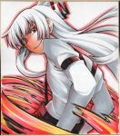  bow face fire fujiwara_no_mokou hair_bow hands_in_pockets long_hair long_sleeves looking_back red_eyes shikishi smile smirk solo suspenders touhou traditional_media uousa white_hair 