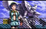  against_fence arm_support armored_core armored_core:_for_answer backpack bad_id bag bike_shorts bikini_top blue_eyes blue_hair can chainlink_fence coca-cola english fence gloves grin gun hair_bobbles hair_ornament headphones highres kawashiro_nitori key kurione_(zassou) letterboxed mecha product_placement randoseru rifle short_hair sign sleeves_pushed_up sleeves_rolled_up smile soda_can solo touhou twintails warning_sign weapon white_glint 