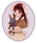  1girl brown_eyes brown_hair bunny_ears bunny_tail fukahire_sanba holding light_smile long_hair looking_at_viewer open_mouth original solo stuffed_animal stuffed_bunny tail 