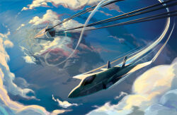  above_clouds absurdres ace_combat ace_combat_7 aircraft airplane artist_name clouds commentary contrail day english_commentary f-35_lightning_ii fighter_jet flying from_above highres lighthouse_(ace_combat) military military_vehicle no_humans ocean outdoors redteapanda space_elevator trigger_(ace_combat) twitter_username 