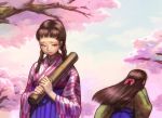  bad_id braid brown_hair cherry_blossoms cloud clouds esukee japanese_clothes kimono long_hair multiple_girls original sky tears tree twin_braids yagasuri 