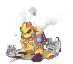  2boys @_@ drill_hand escargon flying_sweatdrops holding holding_pencil king_dedede kirby:_right_back_at_ya! kirby_(series) kirby_mass_attack monocle multiple_boys pencil rice_(kotobuki) robot signature smoke snail_shell toolbox wrench 