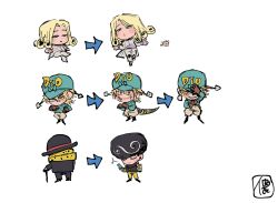  1other 3boys aqua_hat arrow_(symbol) black_hair black_hat blonde_hair blue_eyes blush_stickers chibi chibi_only commentary_request curly_hair diego_brando funny_valentine hat highres jojo_no_kimyou_na_bouken jojolion male_focus multiple_boys multiple_views orange_eyes progression scarf scary_monsters_(stand) simple_background stand_(jojo) steel_ball_run toru_(jojolion) wao white_background wonder_of_u yellow_scarf 