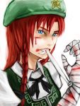  bandage bandaged_hand bandages beret blood face hat hong_meiling injury mouth_hold portrait red_hair redhead shiro467 solo teeth touhou 