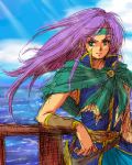  cape cloud faris_scherwiz final_fantasy final_fantasy_v green_eyes headband long_hair lowres ocean oekaki poo-kame purple_hair reverse_trap sky sleeveless smile sunlight tomboy wind 