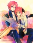  blue_eyes brother_and_sister gintama glasses kagura_(gintama) kamui mg_(3458) newspaper reading red_hair redhead siblings sitting sitting_on_lap sitting_on_person 