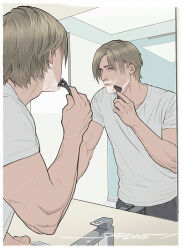  1boy artist_name bathroom black_pants blonde_hair blue_eyes closed_mouth crew_neck holding holding_razor indoors leon_s._kennedy male_focus mirror pants parted_hair razor resident_evil sardine_(kjr0313) shaving shaving_cream shirt short_sleeves sink solo standing t-shirt white_shirt 