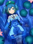  blue_eyes blue_hair from_above hair_bobbles hair_ornament hat kawashiro_nitori key lily_pad lying muku-coffee on_back short_hair smile solo submerged touhou twintails water 