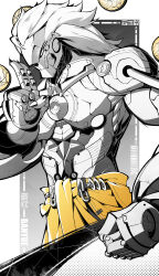  1boy absurdres artificial_eye banyue_(zenless_zone_zero) barcode black_background character_name claws clenched_hand clothed_robot clothes_around_waist commentary_request dotted_background floating_ball highres humanoid_robot jfzm001 long_hair male_focus mechanical_arms mechanical_eye mechanical_hands metal_skin orb qr_code robot robot_boy solo two-tone_background upper_body white_background white_hair zenless_zone_zero 