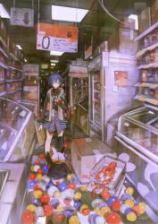  1girl asaba_harumasa asaboo_(zenless_zone_zero) ball belle_(zenless_zone_zero) black_shirt black_thighhighs blue_hair box bracelet cardboard_box ceiling_light checkered_floor commentary_request crossed_bangs earrings eous_(zenless_zone_zero) green_eyes hair_between_eyes hair_ornament hand_up highres hood hooded_jacket indoors jacket jewelry lamp letter_hair_ornament lobster lunifish necklace note open_clothes open_mouth print_shirt shelf shirt shop short_hair sign single_earring single_thighhigh sleeveless sleeveless_jacket thigh-highs zenless_zone_zero 