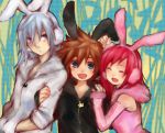  bad_id blue_eyes brown_hair bunny_ears earmuffs fang inagoyarou kairi kingdom_hearts pink_hair riku silver_hair sora_(kingdom_hearts) 