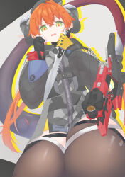  1girl absurdres asymmetrical_gloves beret coat combat_knife commentary_request curled_horns gloves grey_coat hat highres holding holding_knife horns inumiya_nudora knife long_hair magus_(zenless_zone_zero) mechanical_tail mismatched_gloves orange_hair orange_pupils orphie_magnusson pointy_ears reverse_grip tail thigh-highs twintails weapon zenless_zone_zero 