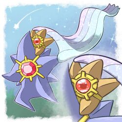  cape colored_skin commentary_request evolutionary_line gem highres holding long_legs mega_pokemon mega_starmie no_eyes no_humans on_shoulder pokemon pokemon_(creature) pokemon_focus pokemon_on_shoulder purple_skin red_gemstone running shooting_star sky star_(sky) star_(symbol) starfish starmie staryu tori_(torisan_pokemon) 