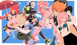  6+girls alice_thymefield anby_demara animal_ears black_hat black_skirt black_thighhighs blonde_hair blue_background braid cinnie_kinnie commentary crop_top english_commentary fingerless_gloves glasses gloves green_eyes grey_hair hair_between_eyes hair_ornament hat headphones high-waist_skirt highres jacket long_hair looking_at_viewer mole mole_under_eye multiple_girls nicole_demara orange_hair orphie_magnusson pink_hair rabbit_ears rabbit_girl red_eyes red_hair ribbon shirt short_hair shorts sidelocks skirt sphere_hair_ornament streetwear thigh-highs tsukishiro_yanagi twin_braids twintails two_side_up ukinami_yuzuha very_long_hair white_hair white_shirt yellow_eyes yellow_ribbon zenless_zone_zero 