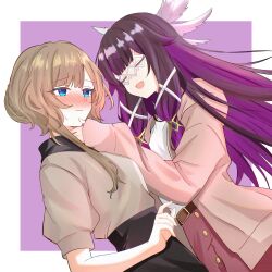  2girls alternate_costume belt belt_buckle belted_skirt black_hair black_skirt blue_eyes blush border braid brown_belt brown_hair brown_shirt buckle bun_with_braided_base button_up_skirt cardigan closed_eyes closed_mouth columbina_(genshin_impact) commentary contemporary english_commentary eye_mask facing_another genshin_impact hair_ribbon hand_on_another's_face head_wings highres long_hair long_sleeves looking_at_another mask multicolored_hair multiple_girls multiple_wings open_cardigan open_clothes open_mouth outside_border pink_background pink_cardigan purple_hair red_skirt ribbon sandrone_(genshin_impact) shirt short_sleeves sidelocks skirt sleeves_past_wrists sweatdrop two-tone_hair white_border white_mask white_ribbon white_shirt white_wings wings yue_kanade yuri 