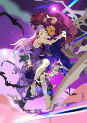  2girls amity_blight bare_legs barefoot bat_(animal) black_nails black_sclera brown_hair carrying carrying_person claws colored_sclera couple demon_girl demon_horns dress eyebrow_cut flying highres horns hug kuma20151225 lace-trimmed_dress lace_trim luz_noceda luz_noceda_(titan) multiple_girls pointy_ears purple_dress purple_hair smile suit the_owl_house toes torn_clothes torn_dress yellow_eyes yuri 