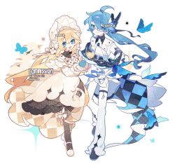  1boy 1girl :d ahoge animal bird black_shoes blonde_hair blue_hair bonnet brown_pantyhose bug butterfly closed_mouth commission double-parted_bangs dress full_body glasses hair_between_eyes highres holding holding_animal holding_bird long_hair looking_at_viewer meimei_(wakamoid) open_mouth original pants pantyhose shoes smile standing thank_you twitter_username white_background white_bonnet white_dress white_pants white_shoes 